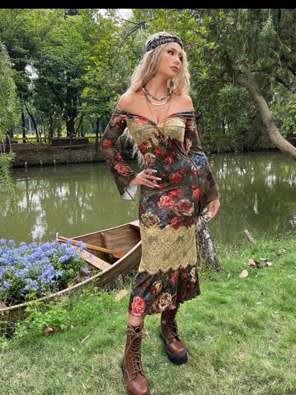 Off-Shoulder Floral Lace Long Sleeve Midi Dress in Multicolor